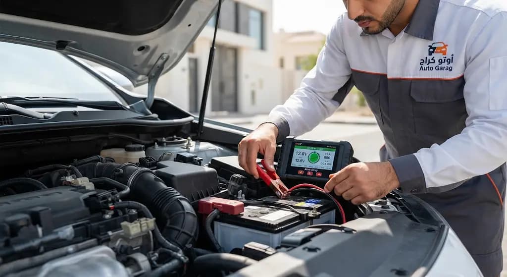 فني خدمة كار ستوب المتنقلة يقوم بفحص واختبار بطارية سيارة باستخدام جهاز فحص رقمي لضمان كفاءة التكييف والنظام الكهربائي في الكويت.
